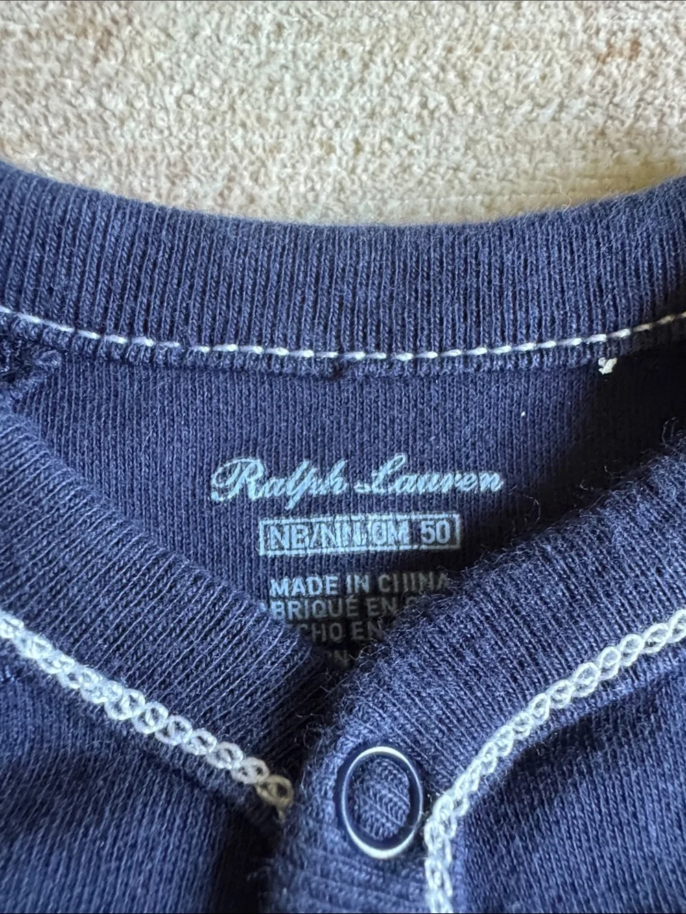 Ralph Lauren Newborn Navy Footed Baby One-Piece with White Contrast Piping